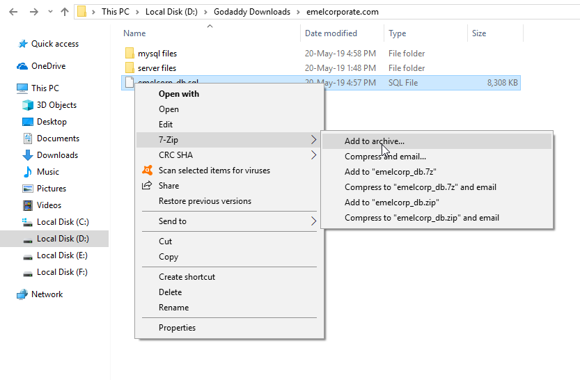 Compress sql file to zip format