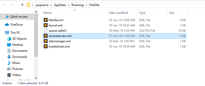 Filezilla: recentserver.xml file